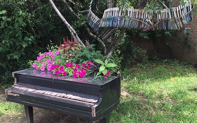 Old piano turned into garden sculpture.